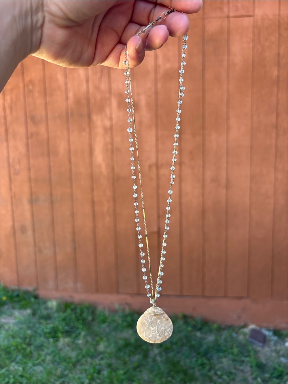 RUE BELLE Fossil Pendant Necklace with Pale Blue Beaded Double Chain